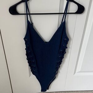 Forever 21 Navy Lace-Up V-Neck Bodysuit